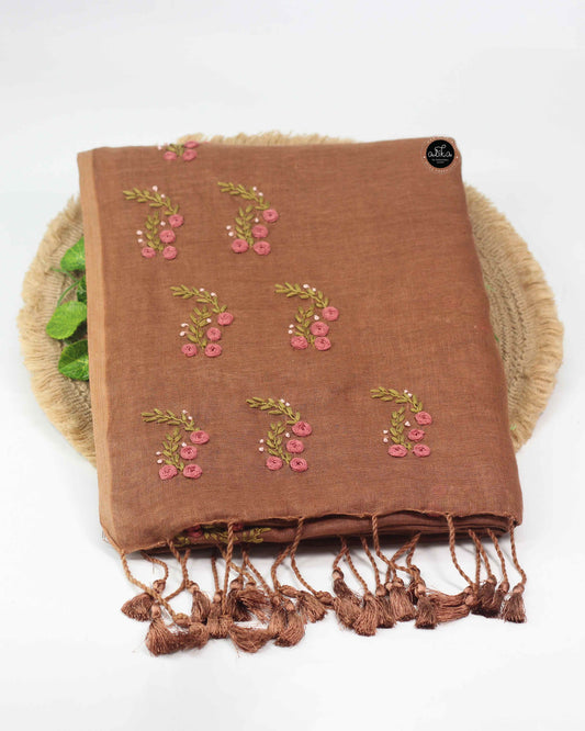 Coffee Brown Pure Linen Saree with Floral Hand Embroidery