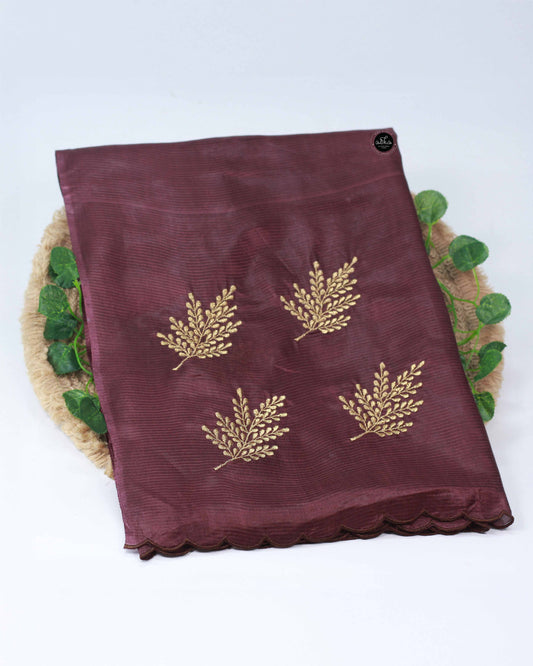 Dark Coffee Semi Tussar Saree with Floral Machine Embroidery