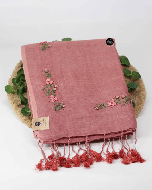 Brown Linen Saree with Bullion Embroidery