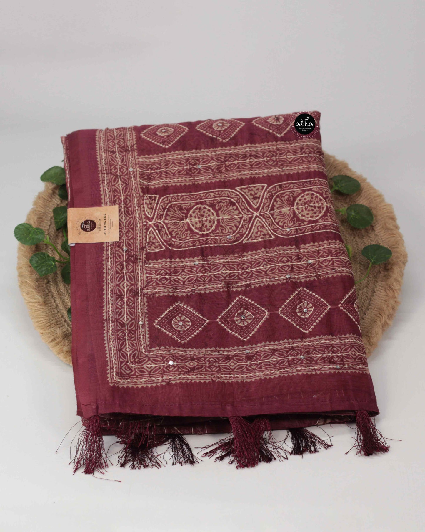 Maroon Printed Chanderi Saree with Kantha Work