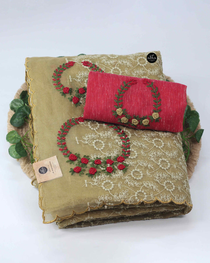 Green Phulkari Saree with Red Floral Embroidery