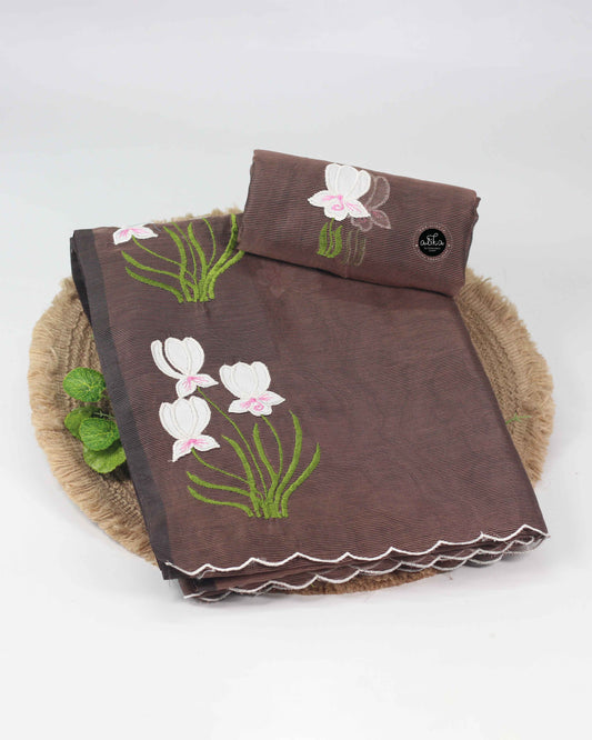 Coffee Brown Kota Saree with Appliqué Work