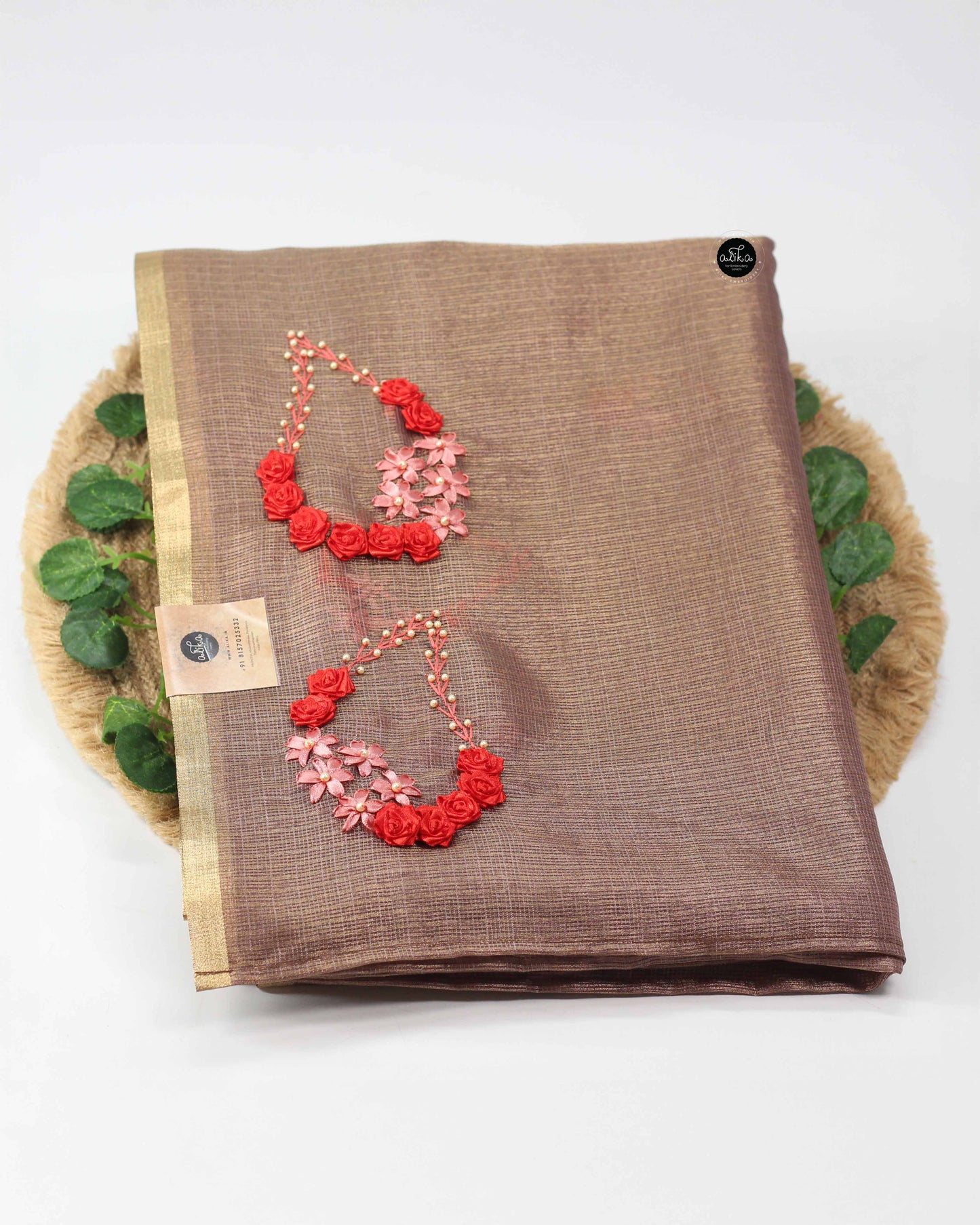 Semi Tissue Saree with Floral Ribbon Embroidery