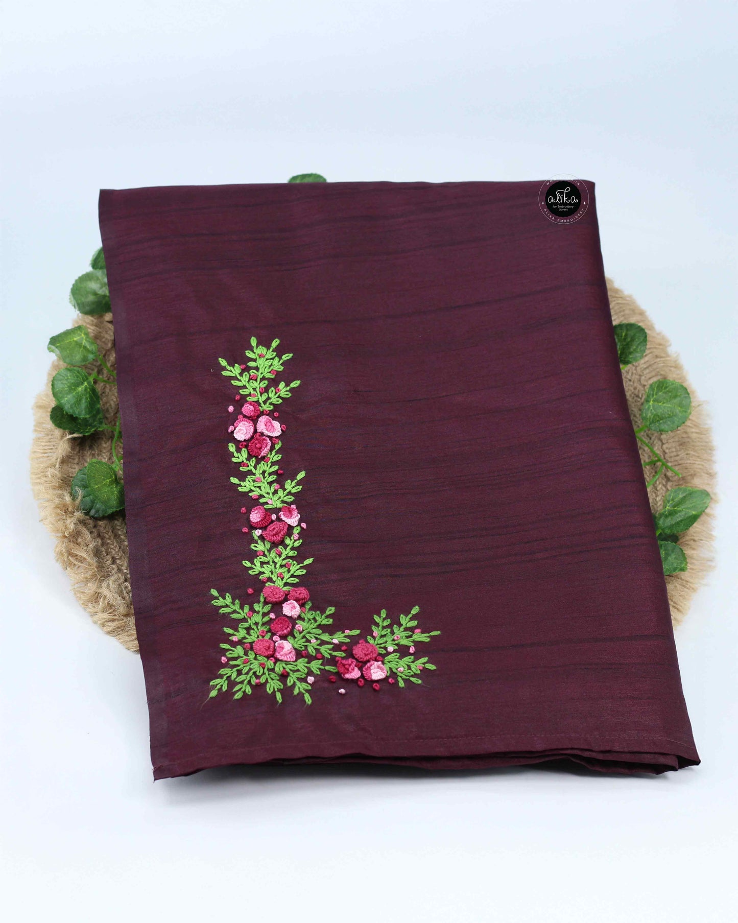 Wine Semi Silk Saree with Hand Embroidery | Alika Fashion Store