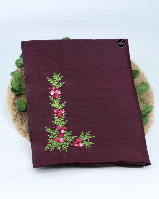 Wine Semi Silk Saree with Hand Embroidery | Alika Fashion Store