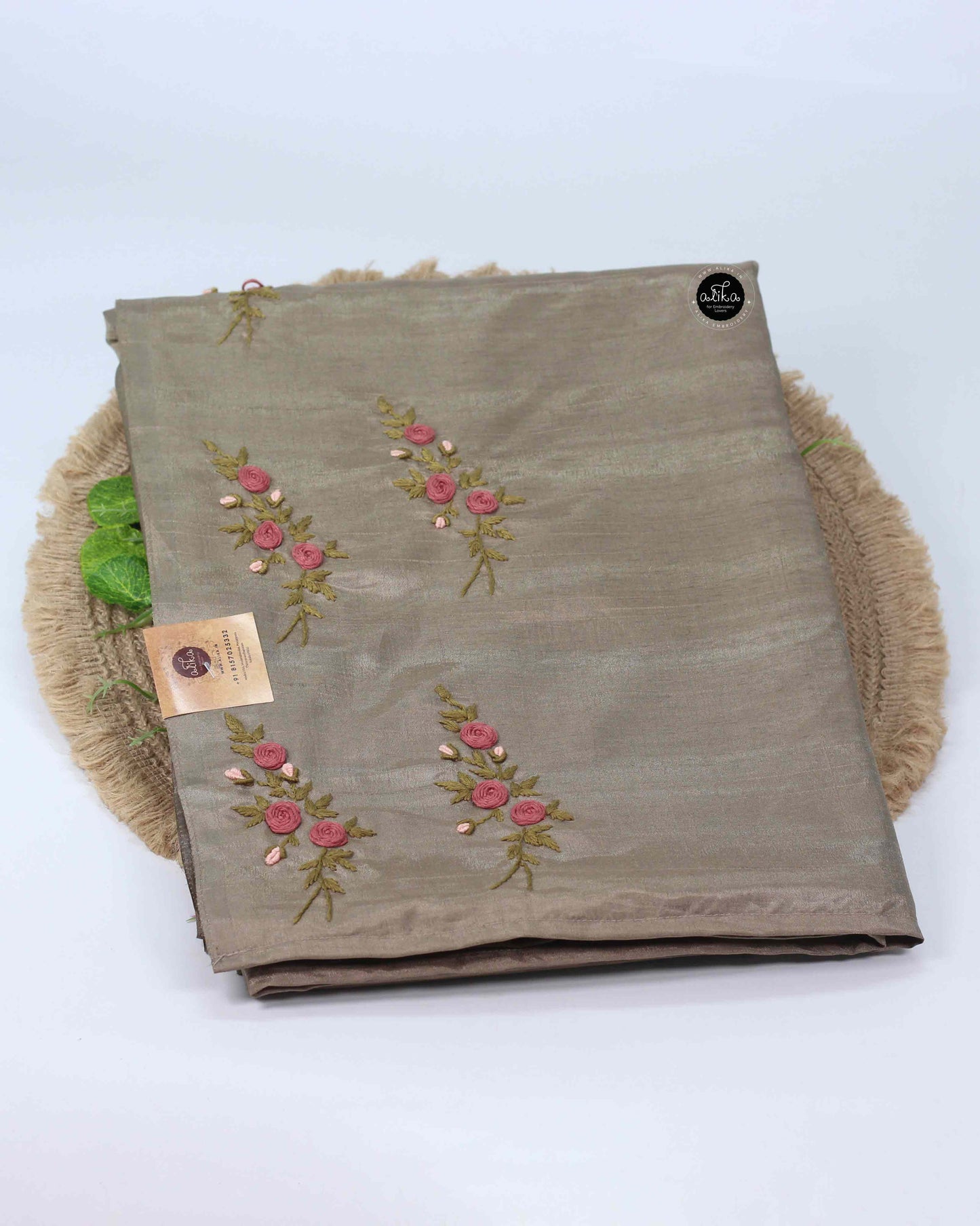 Dark Olive Green Semi Silk Saree with Hand Floral Embroidery