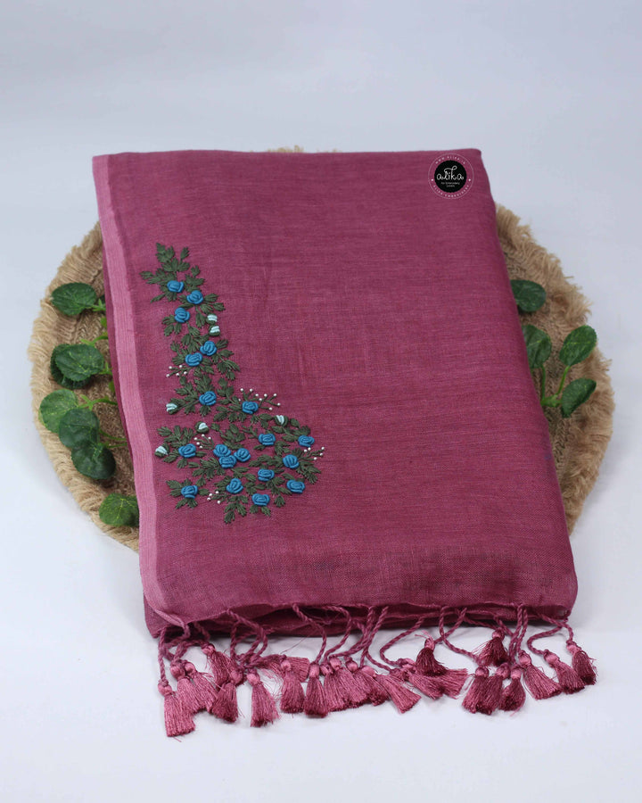 Burgundy Pure Linen Saree with Floral Hand Embroidery and Bead