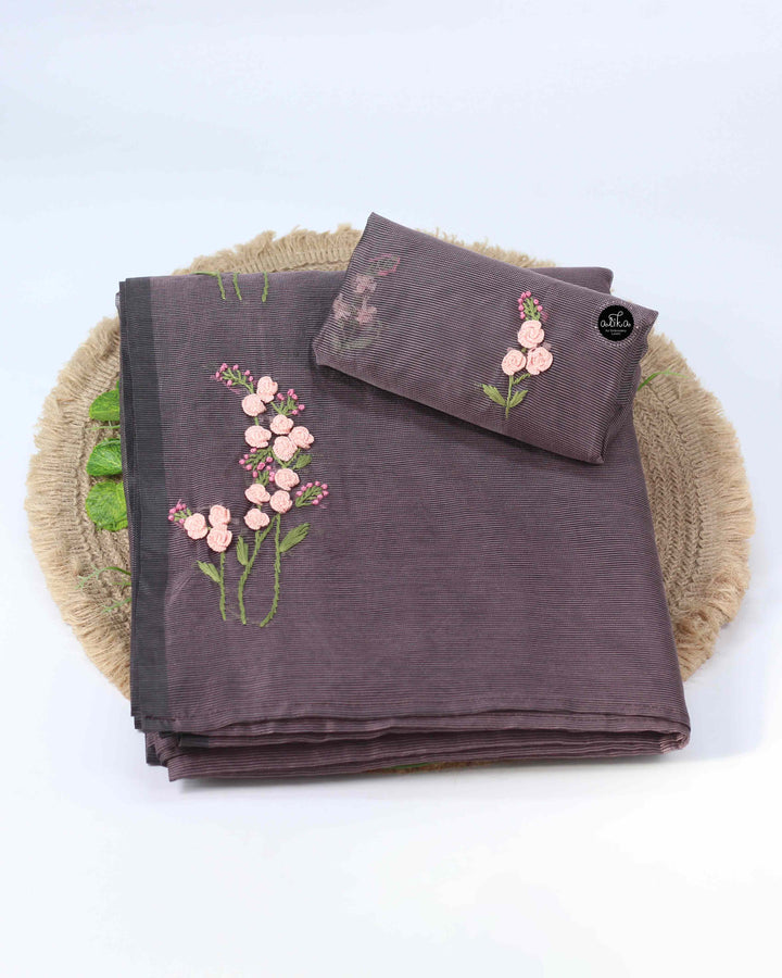 Dark coffee brown Kota Saree with floral hand embroidery