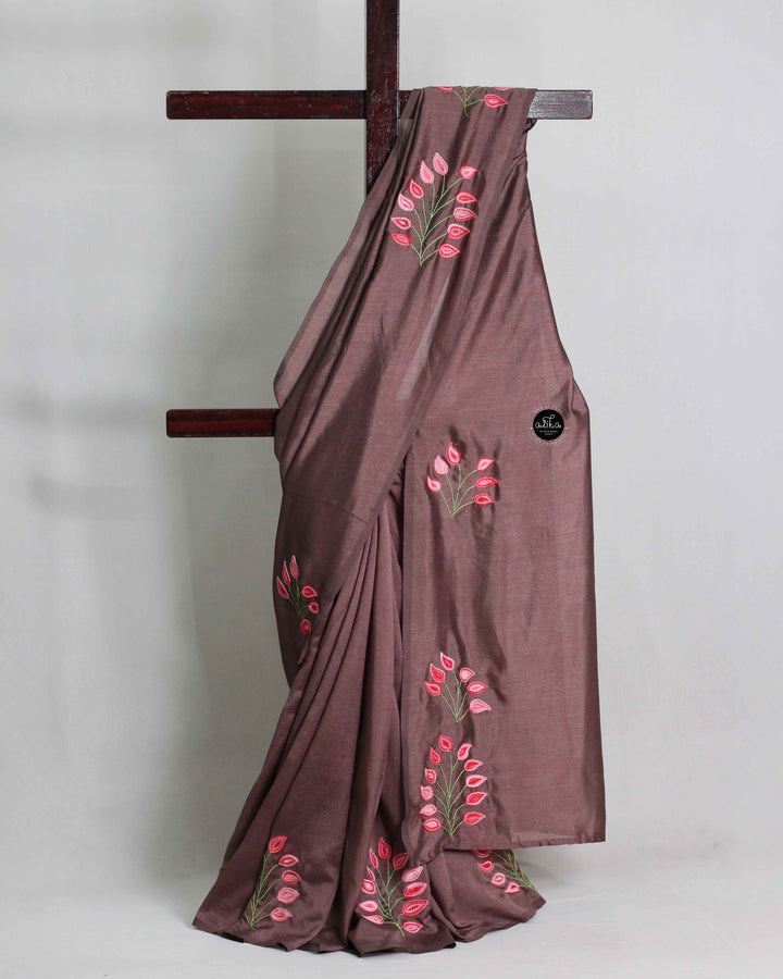 Chocolate Brown Semi Soft Silk Saree with Floral Hand Embroidery