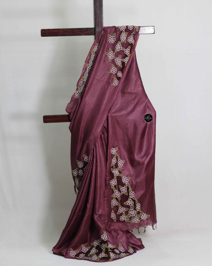 Dark Coffee Brown Semi Tussar Silk Saree with Floral Cutwork
