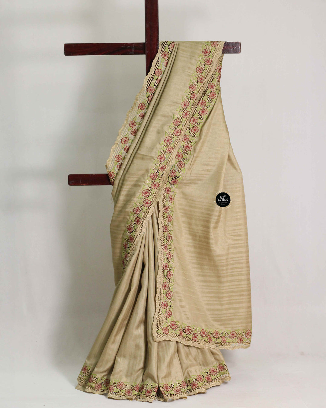 Tan Beige Semi Silk Saree with Floral Full Border Cutwork