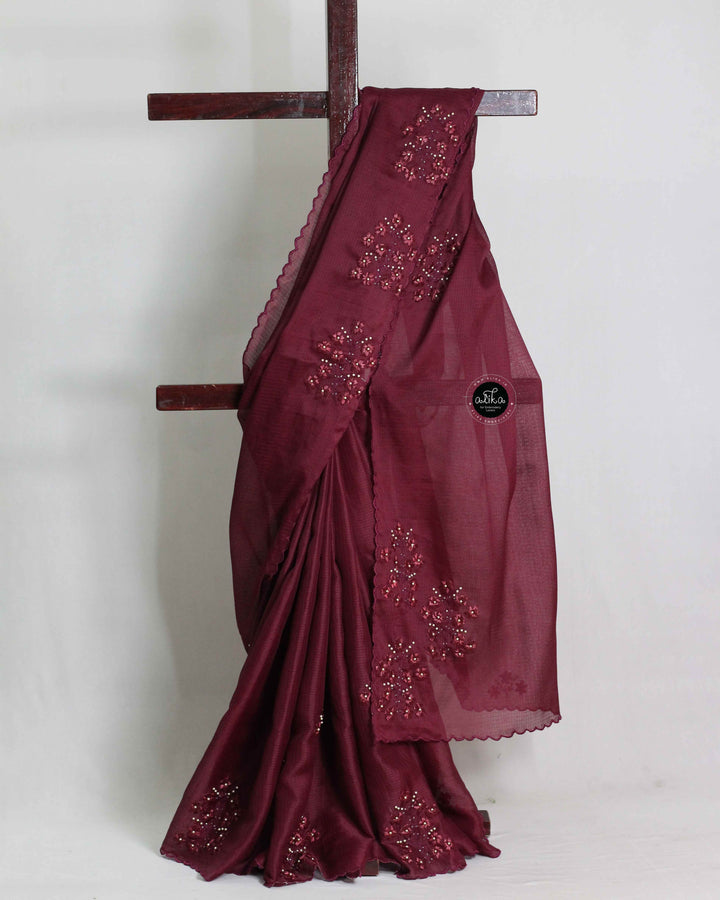 Wine Colour Silky Kota Saree with Floral Ribbon Embroidery