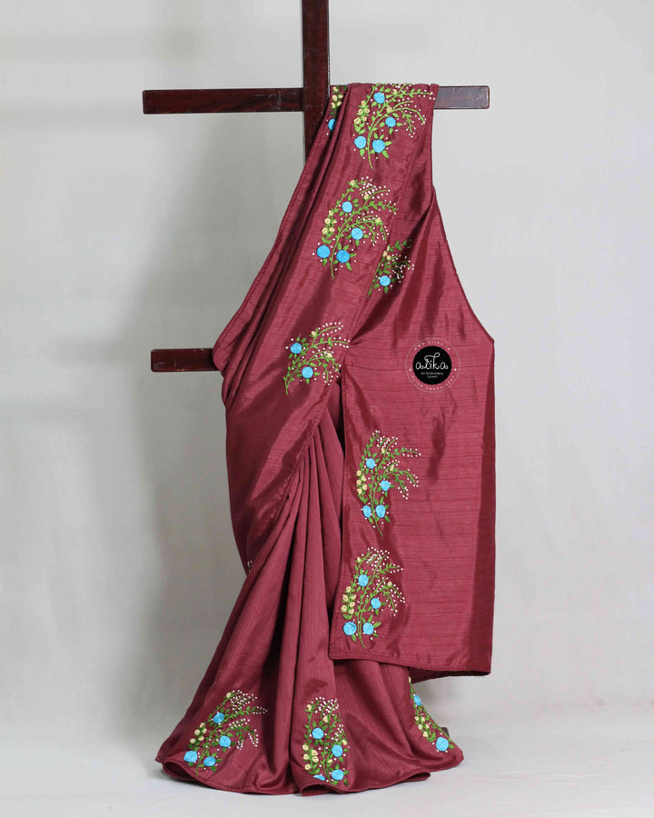 Maroon Semi Silk Saree with Floral Hand Embroidery –
