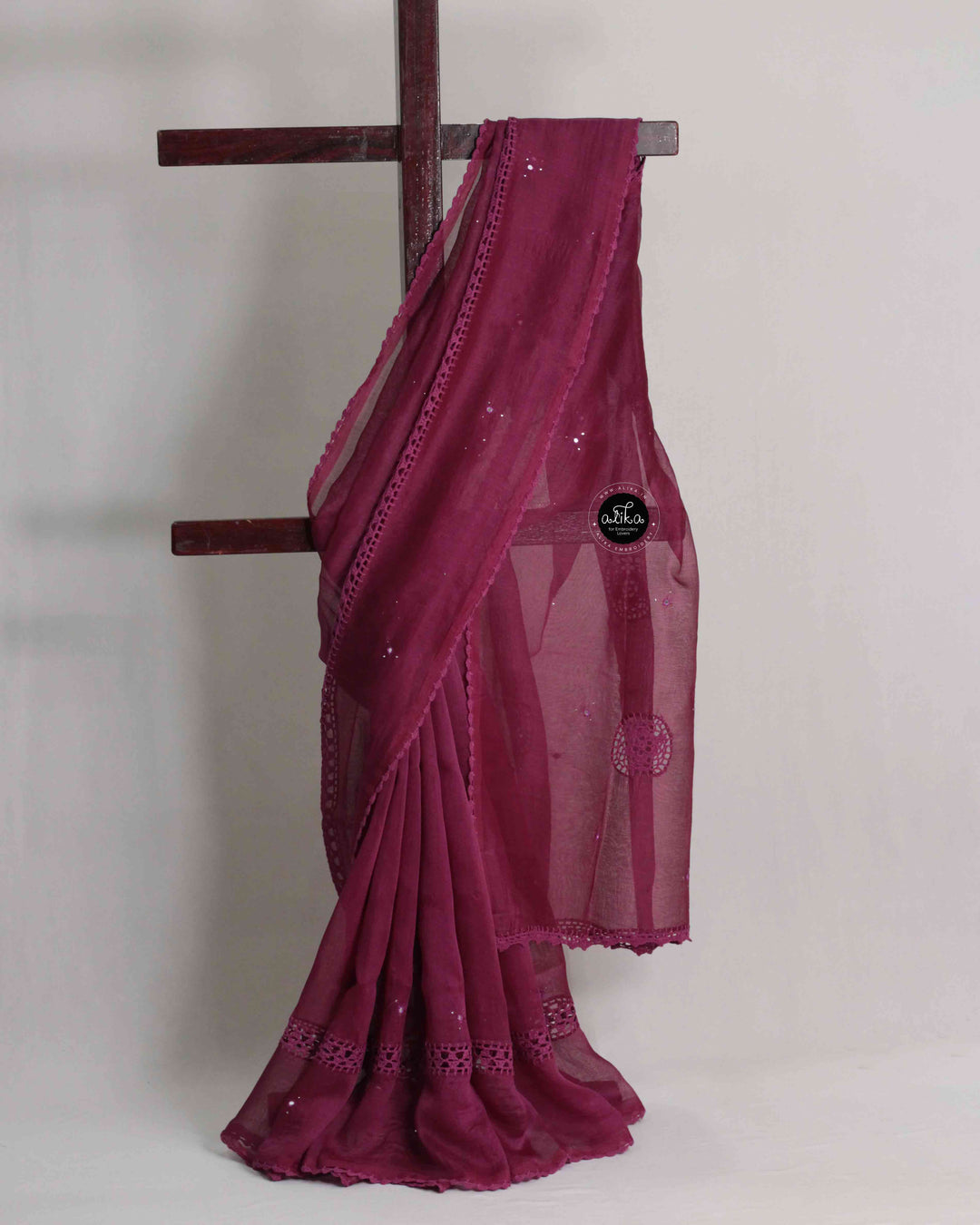 Magenta Purple Kota Doria Saree with Crochet Detailing and Mirror Work