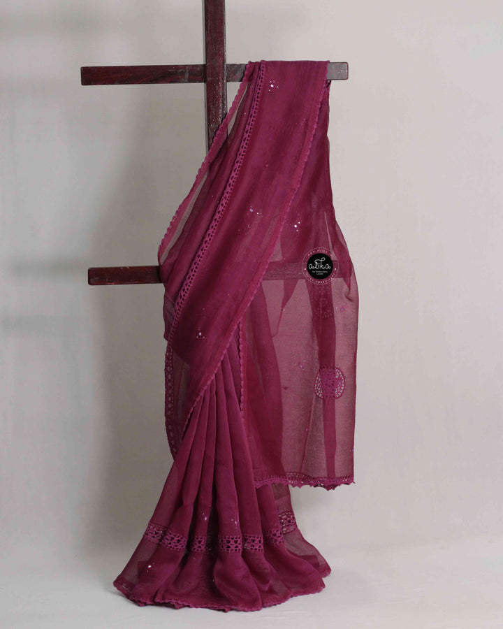 Magenta Purple Kota Doria Saree with Crochet Detailing and Mirror Work