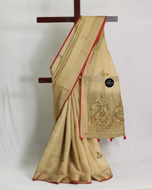 Golden Yellow Tissue Linen Saree with Floral Hand Embroidery – Luxury Wear