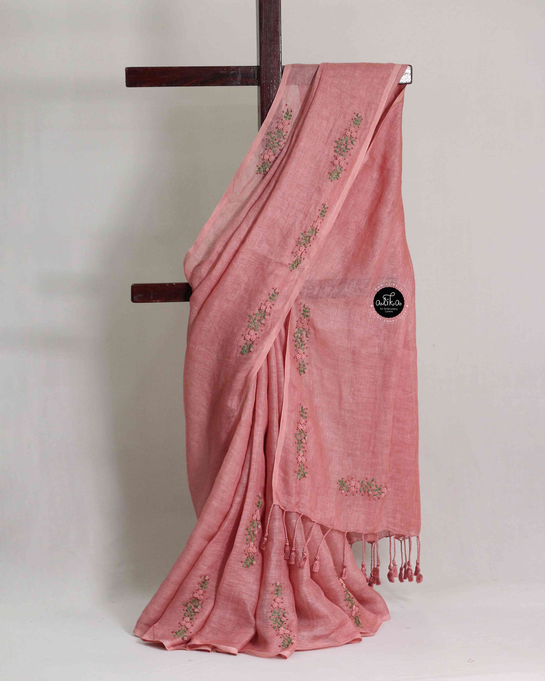 Dusty Rose Pink Linen Saree with Bullion Embroidery