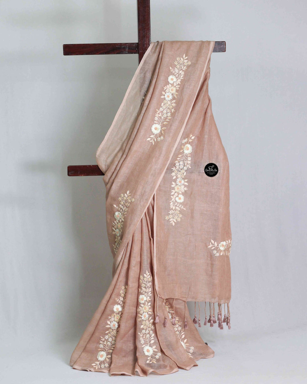 Dusty Mauve Pure Linen Saree with Floral Embroidery