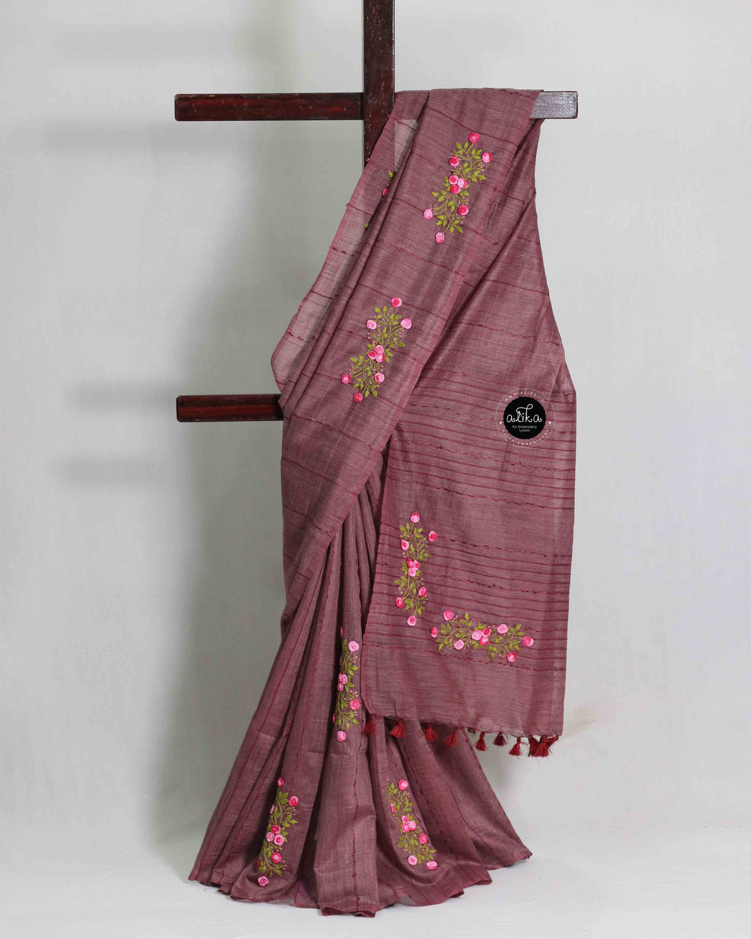 Mauve Semi Linen Saree with Floral Hand Embroidery