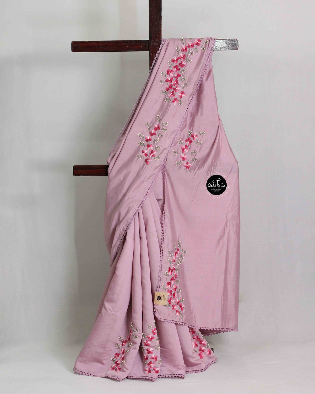 Rose Pink Semi Silk Saree with Floral Hand Embroidery
