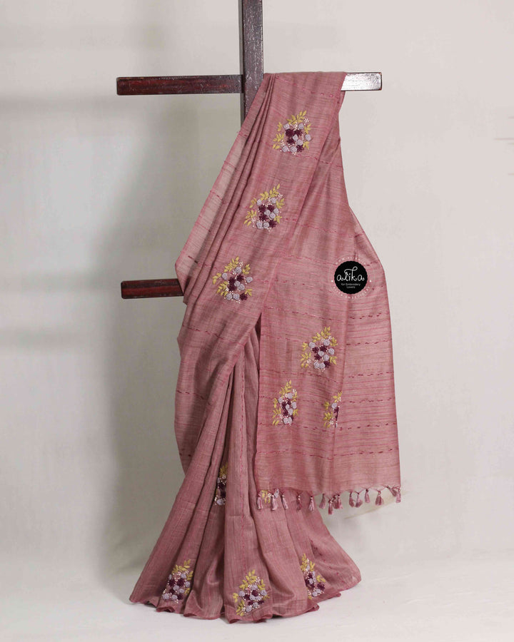Mauve Semi Linen Saree with Floral Hand Embroidery