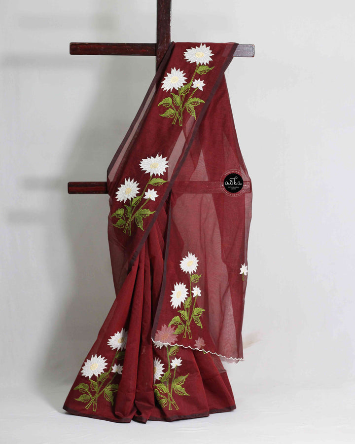 Maroon Kota Saree with Floral Appliqué Work