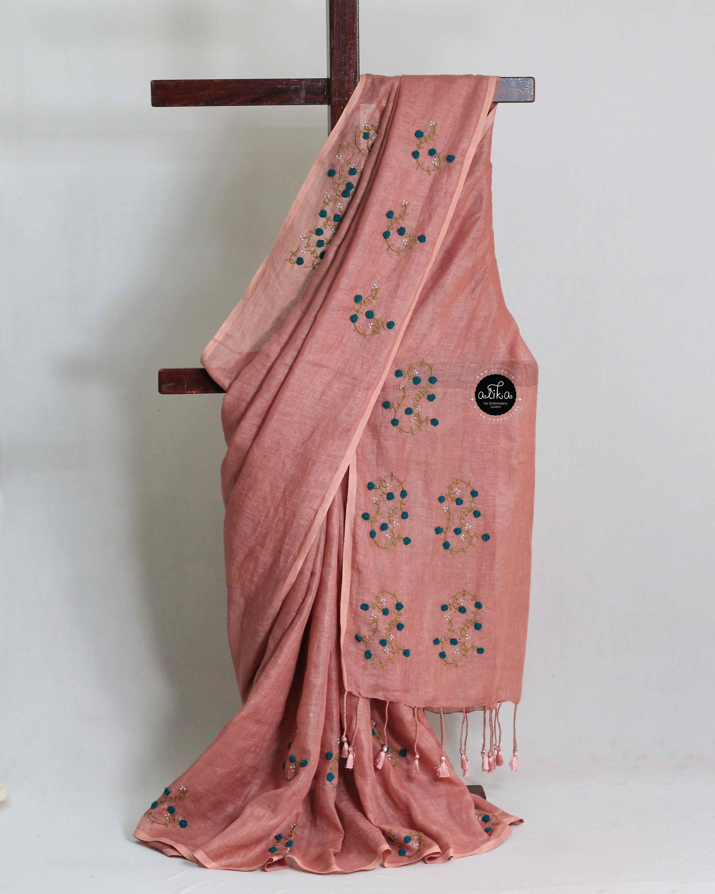 Light Chocolate Brown Pure Linen Saree with Floral Hand Embroidery
