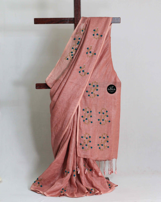 Light Chocolate Brown Pure Linen Saree with Floral Hand Embroidery