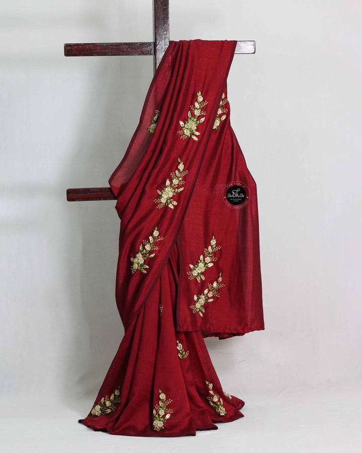 Maroon Designer Silk Saree with Golden Floral Ribbon Work