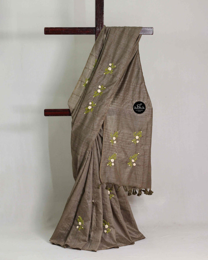 Olive Brown Bamboo Silk Saree with Floral Hand Embroidery