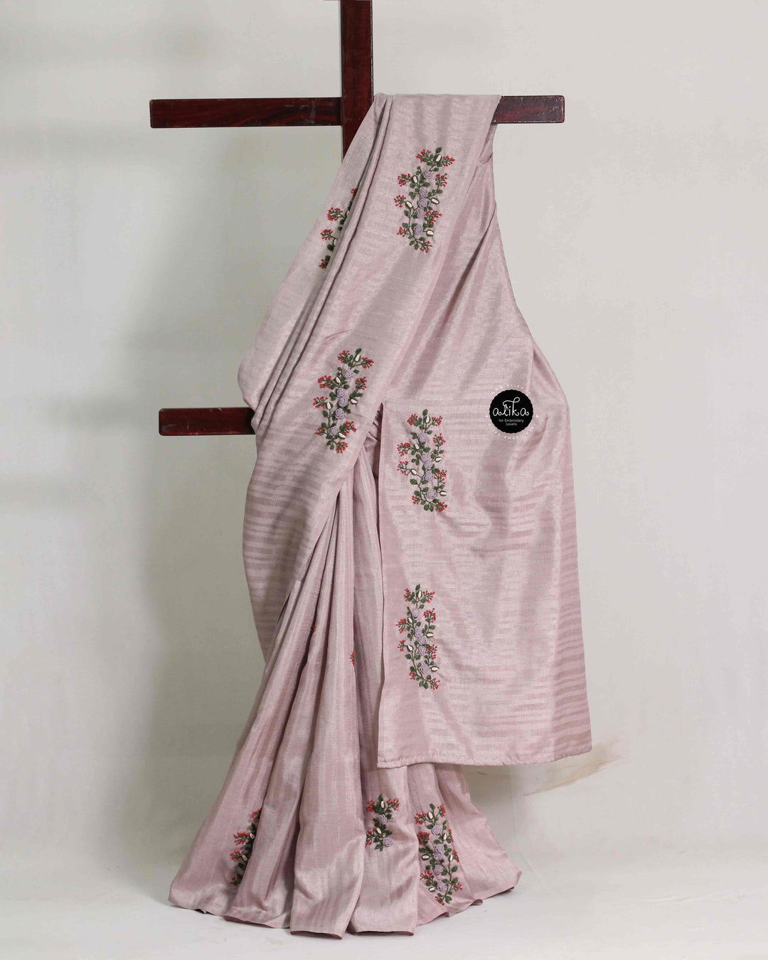 Lavender Gray Designer Silk Saree with Floral Hand Embroidery