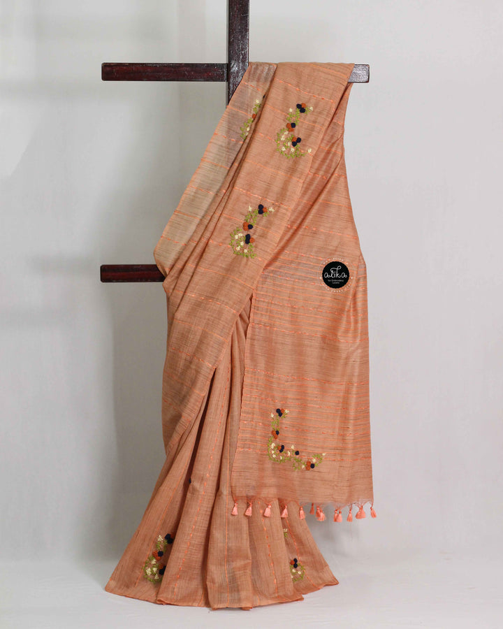 Dusty Orange Bamboo Silk Saree with Floral Hand Embroidery