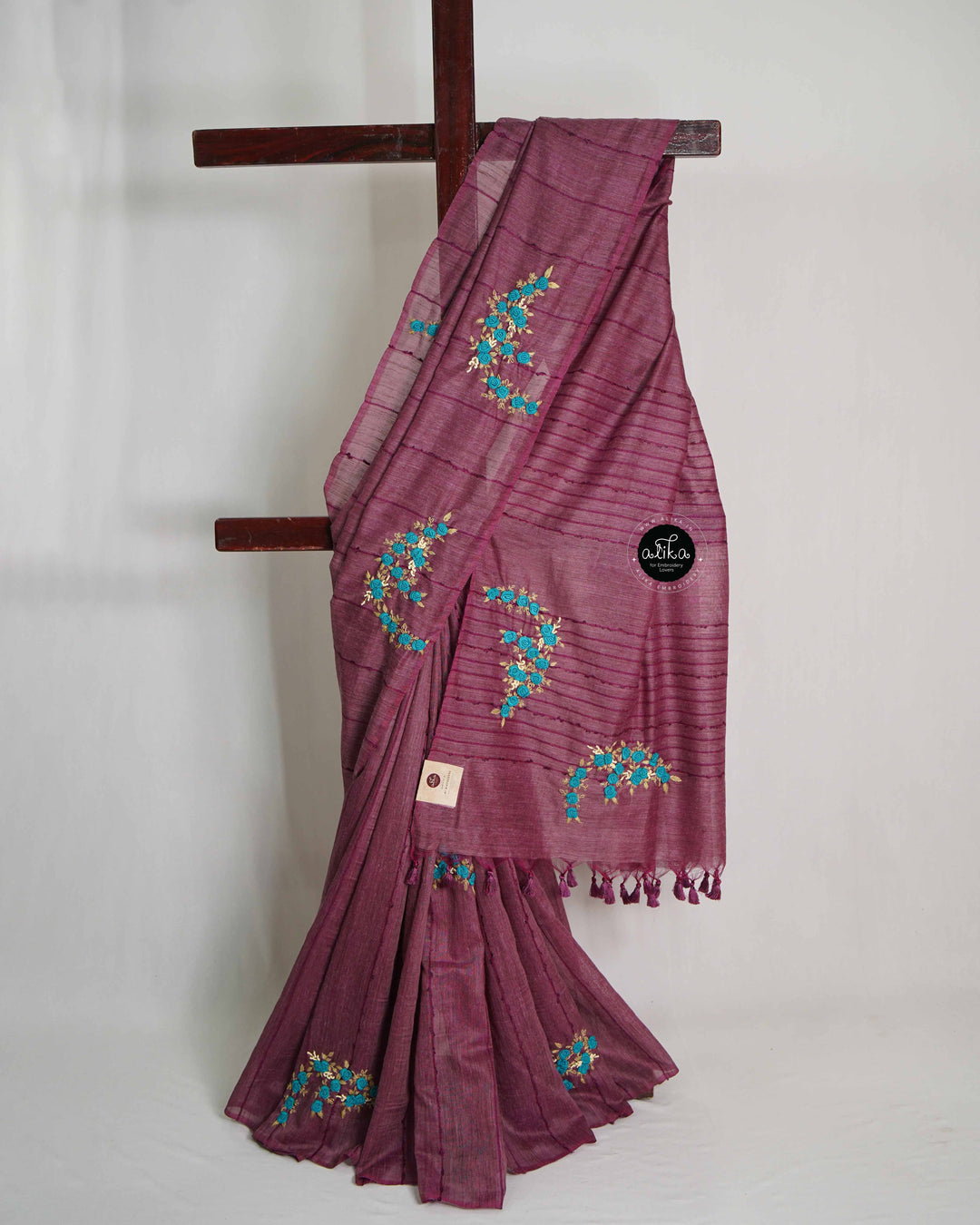Wine Purple Bamboo Silk Saree with Floral Hand Embroidery