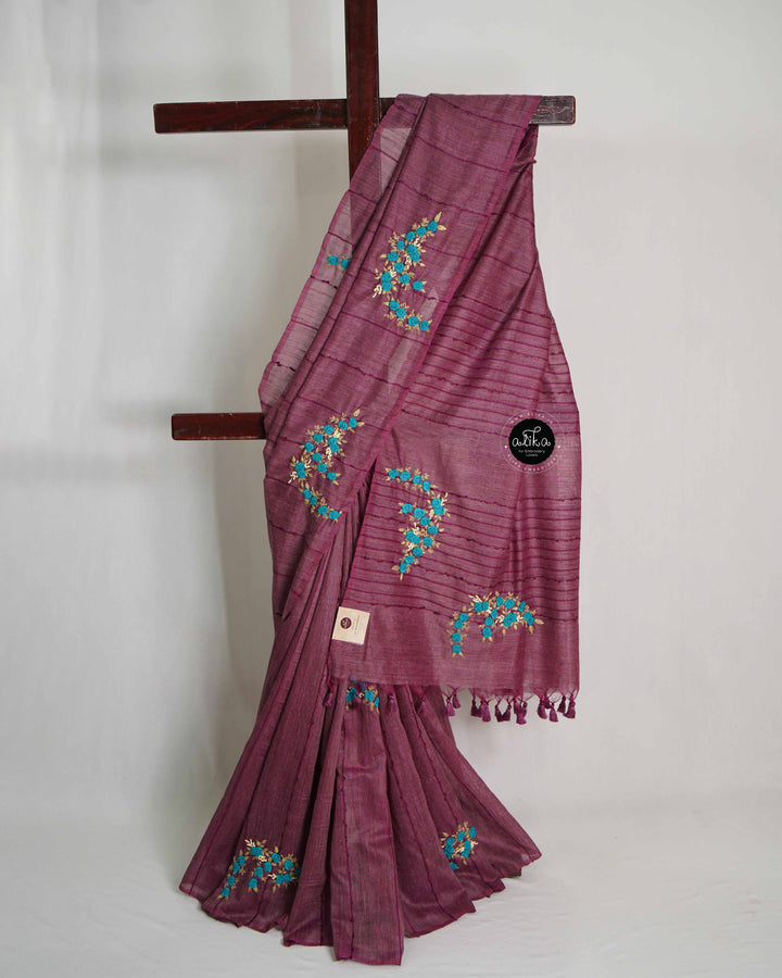 Wine Purple Bamboo Silk Saree with Floral Hand Embroidery