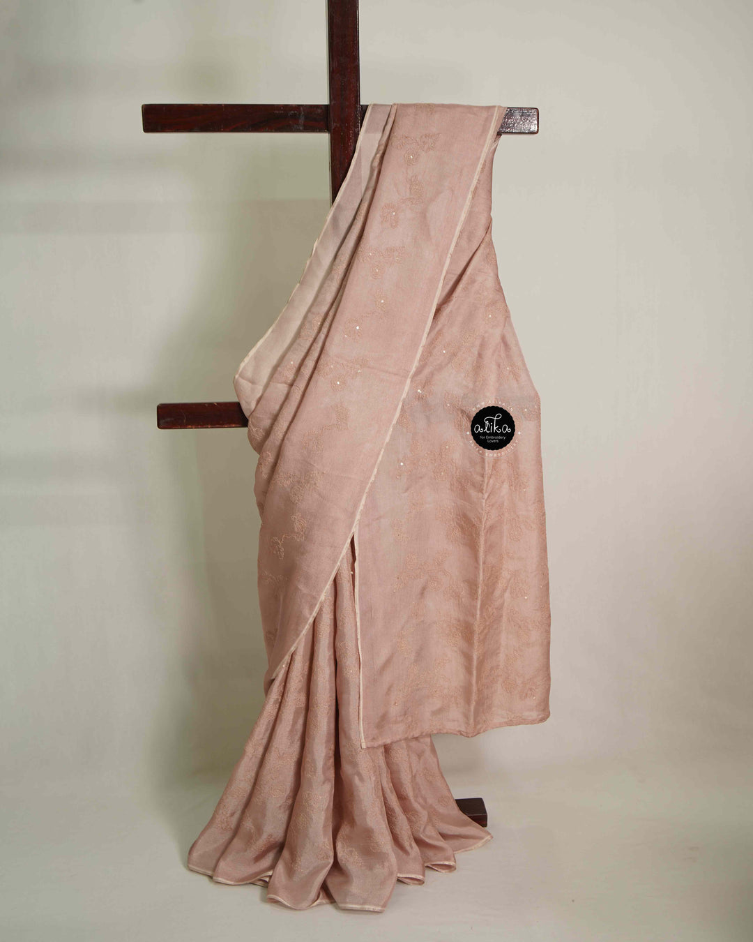 Light Brown Crispy Georgette Saree with Floral Machine Embroidery &amp; Sequin Work