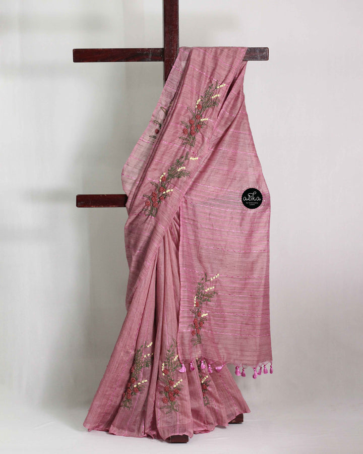Onion Pink Bamboo Silk Saree with Floral Hand Embroidery