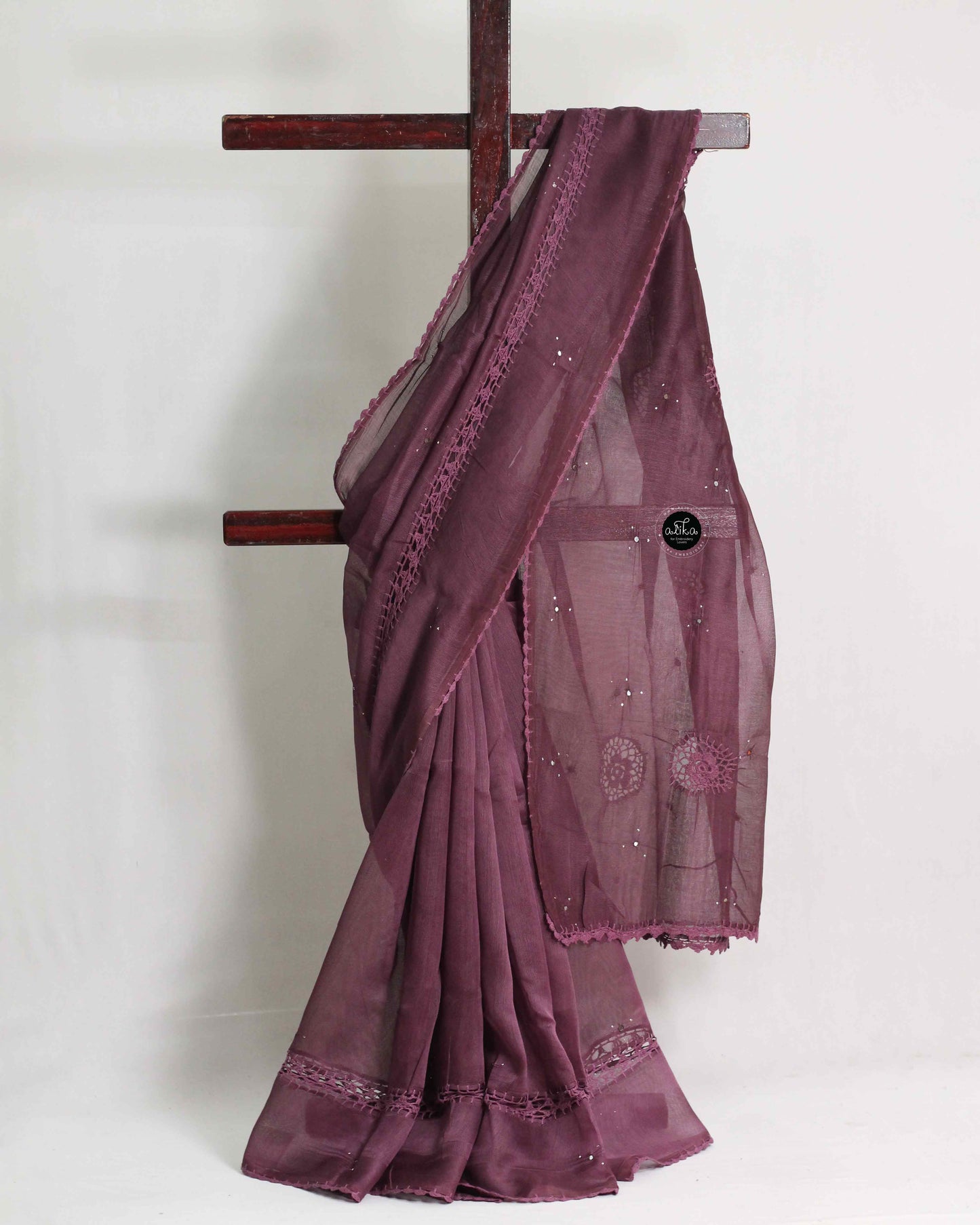 Mauve Kota Doria Saree with Mirror Work | Handcrafted Ethnic Wear