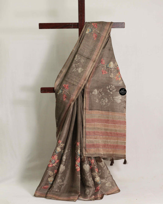 Brown Linen Tissue Saree with Floral Prints & Kantha Work – Handcrafted Elegance