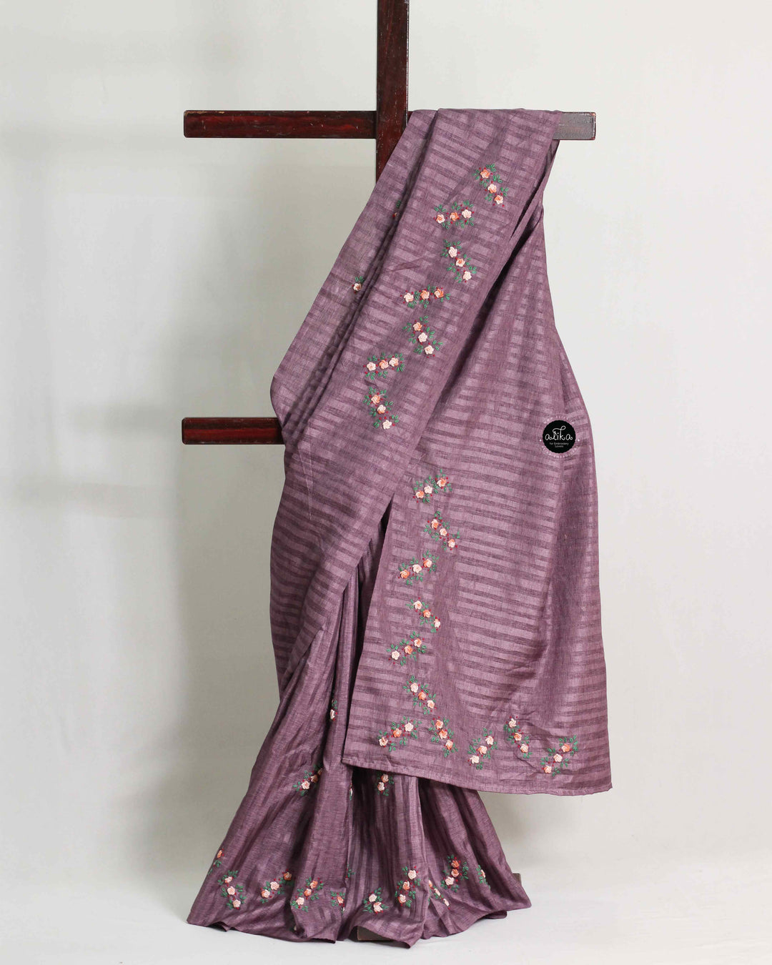 Purple Semi Silk Kota Saree with Floral Hand Embroidery