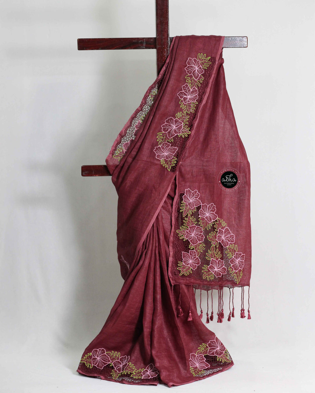 Dark Coffee Brown Pure Linen Saree with Floral Twine Cutwork