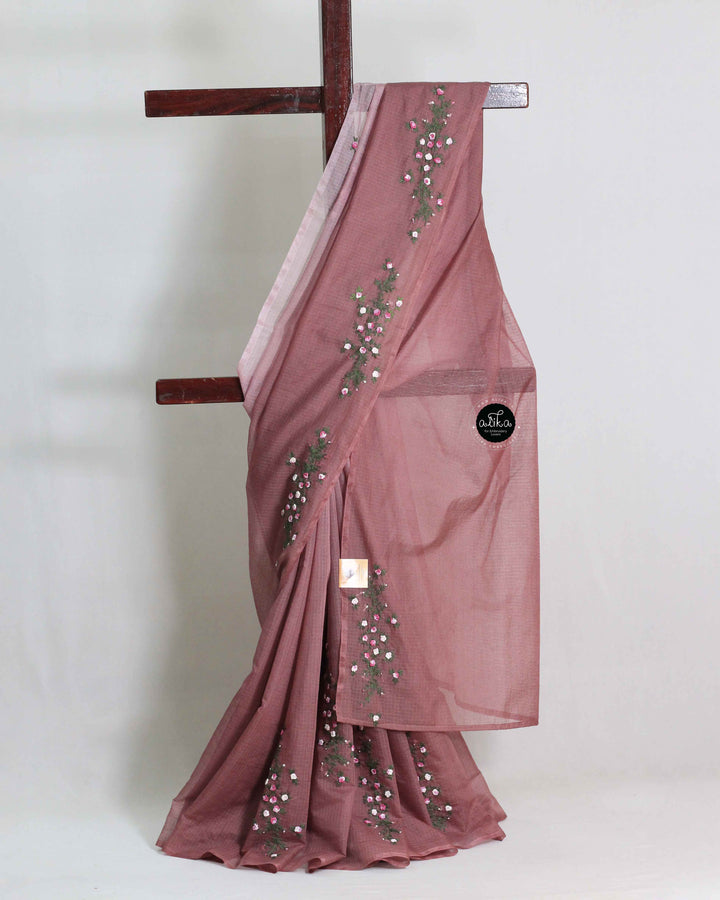 Double Shaded Silky Kota Saree with Floral Hand Embroidery