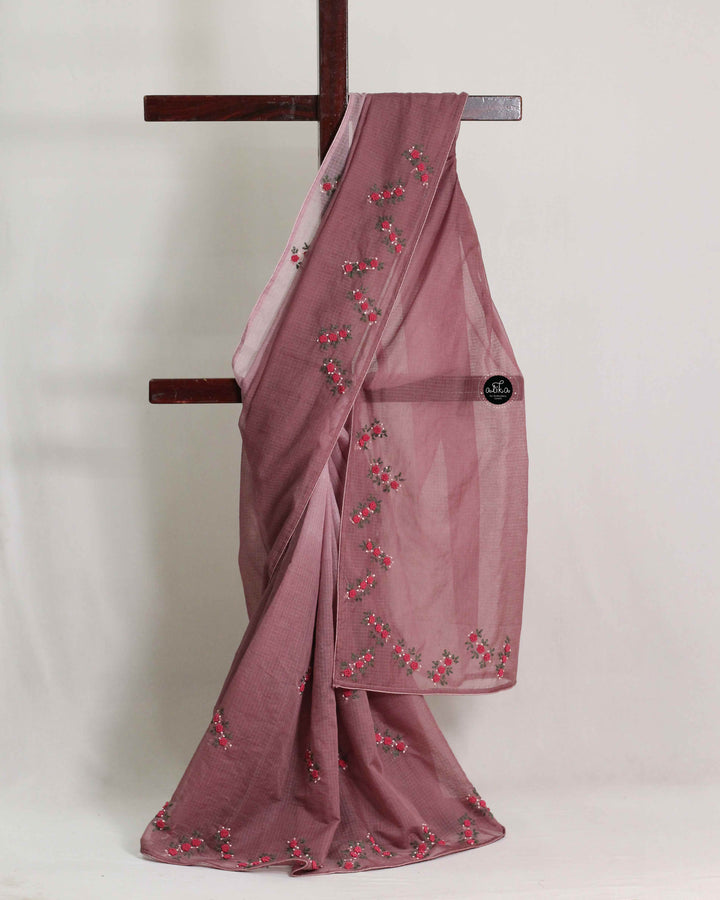 Brown Double Shaded Silky Kota Saree with Floral Hand Embroidery
