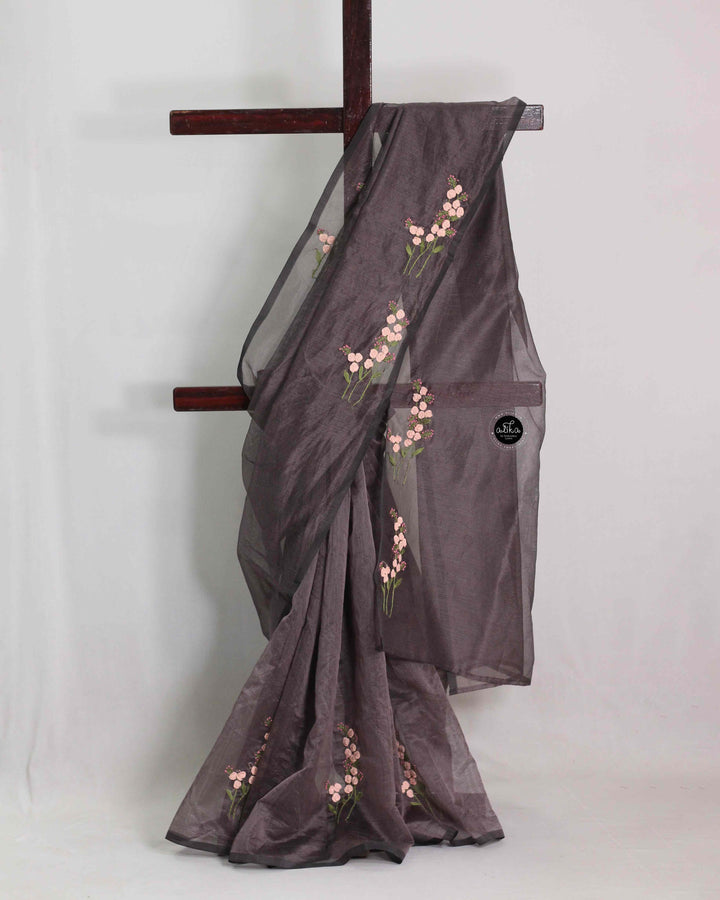 Dark coffee brown Kota Saree with floral hand embroidery