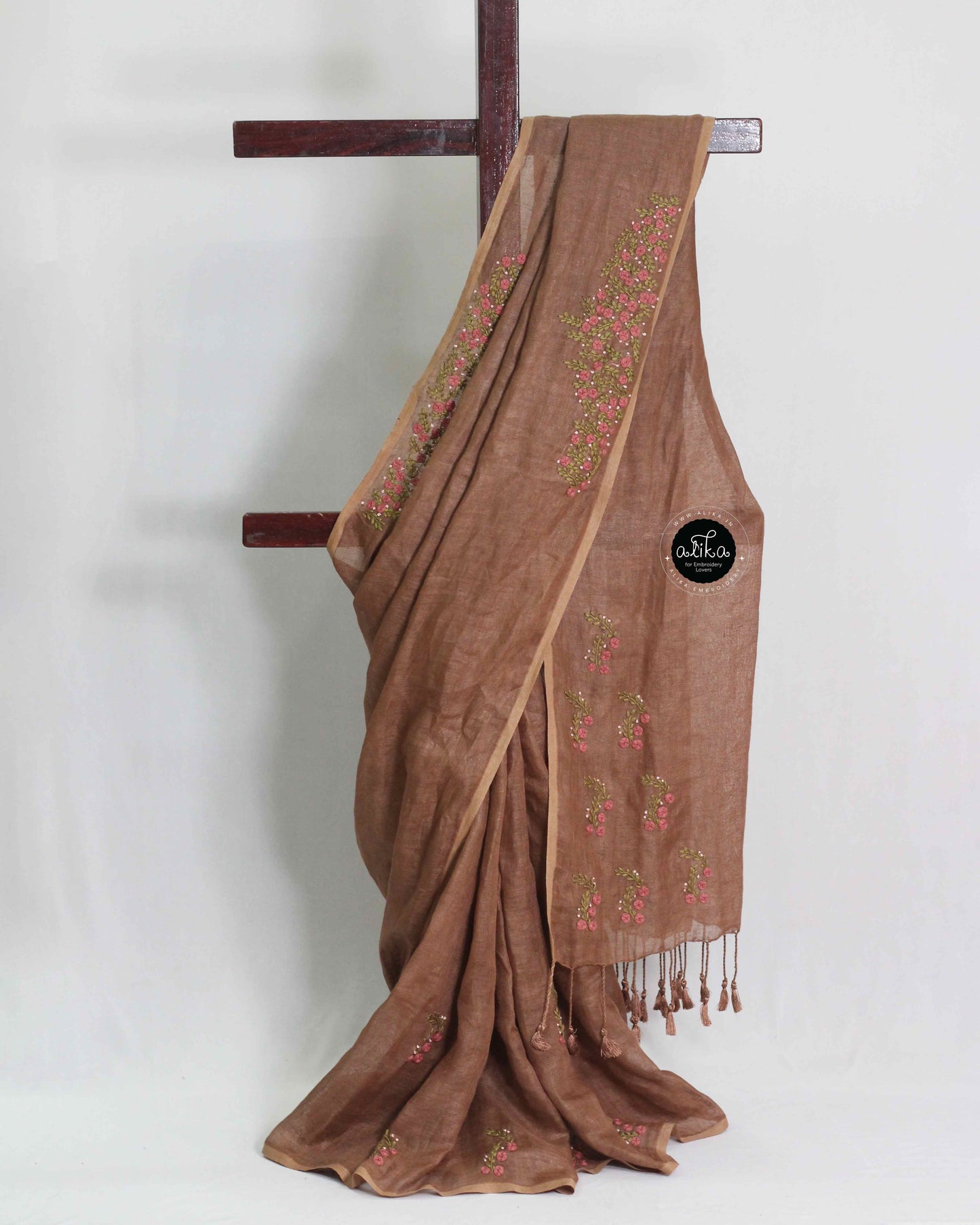 Coffee Brown Pure Linen Saree with Floral Hand Embroidery