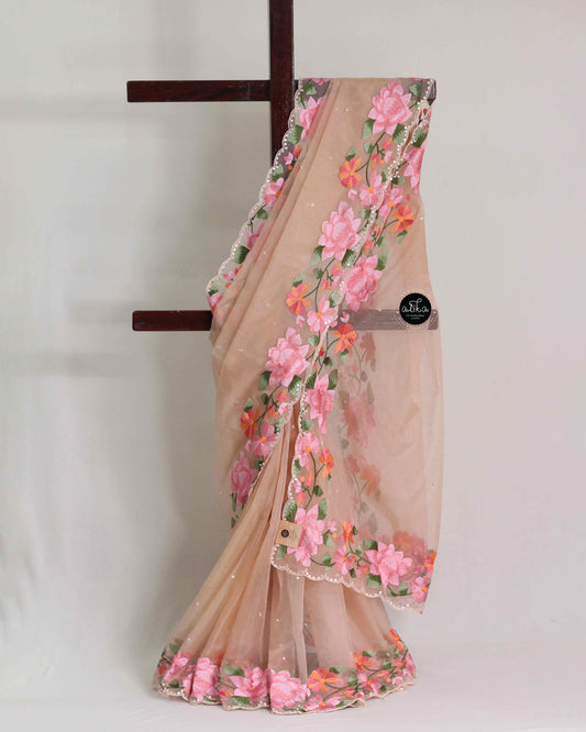 Light Peach Organza Saree with Border Embroidery and Mirror Work