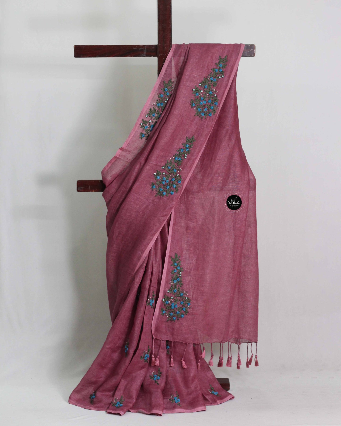 Burgundy Pure Linen Saree with Floral Hand Embroidery and Bead Work