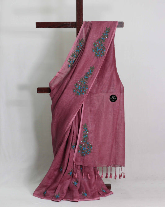 Burgundy Pure Linen Saree with Floral Hand Embroidery and Bead Work