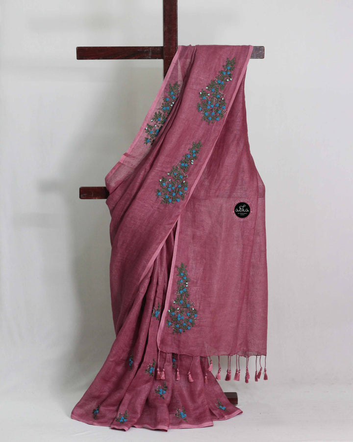 Burgundy Pure Linen Saree with Floral Hand Embroidery and Bead
