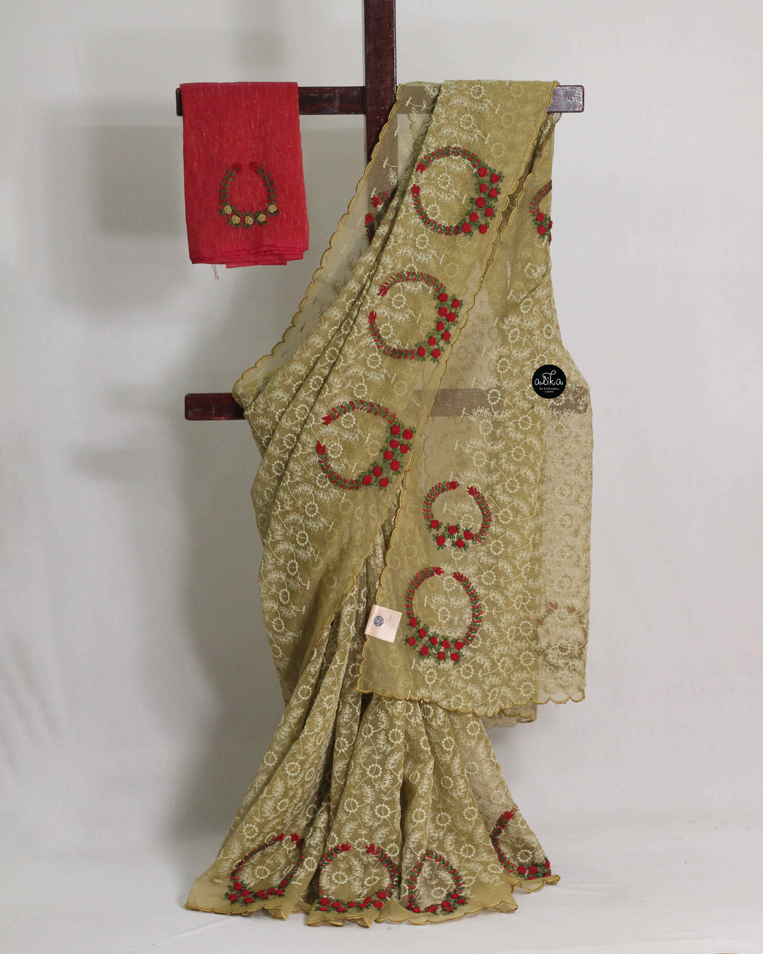 Green Phulkari Saree with Red Floral Embroidery