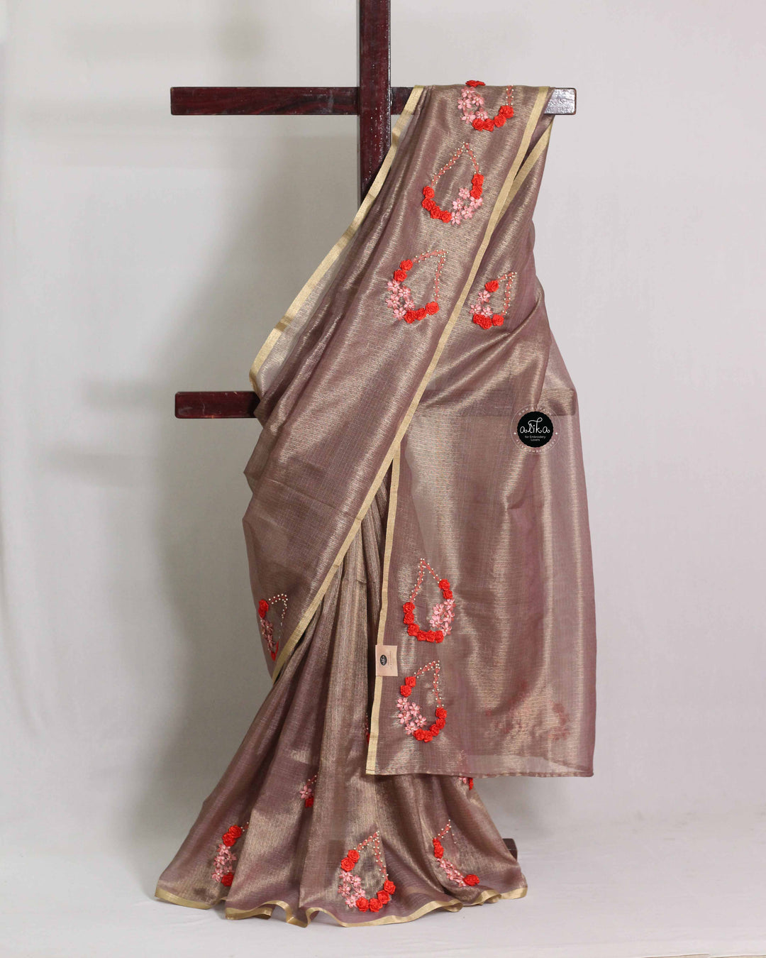 Semi Tissue Saree with Floral Ribbon Embroidery